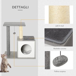 Rascador Multinivel para Gatos y Gatitos con Cama y Columna de Cuerda de Sisal, Gris, 59 X 39 X 62Cm