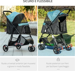 Carrito para Perros Pequeños y Mini de 3 Ruedas, Carrito Plegable para Animales con Funda Impermeable, Cesta y Correa, Verde Oscuro