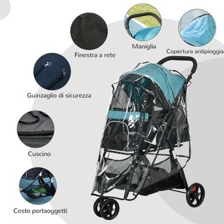 Carrito para Perros Pequeños y Mini de 3 Ruedas, Carrito Plegable para Animales con Funda Impermeable, Cesta y Correa, Verde Oscuro