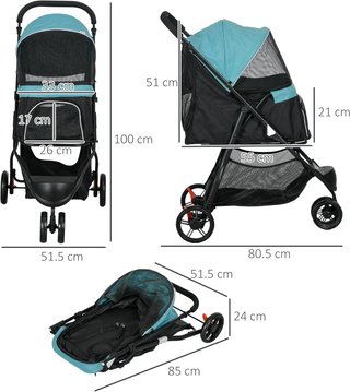 Carrito para Perros Pequeños y Mini de 3 Ruedas, Carrito Plegable para Animales con Funda Impermeable, Cesta y Correa, Verde Oscuro