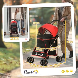 Carrito para Perros 3 en 1 Plegable Convertible en Bolsa de Transporte, Asiento de Auto con 2 Correas, Almohadilla, Carrito para Animales de Acero, Tela Oxford, 82X49.5X98Cm, Rojo Negro