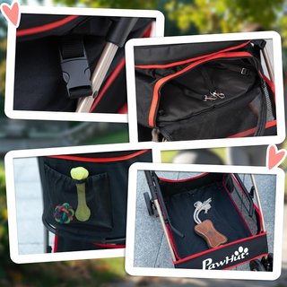 Carrito para Perros 3 en 1 Plegable Convertible en Bolsa de Transporte, Asiento de Auto con 2 Correas, Almohadilla, Carrito para Animales de Acero, Tela Oxford, 82X49.5X98Cm, Rojo Negro