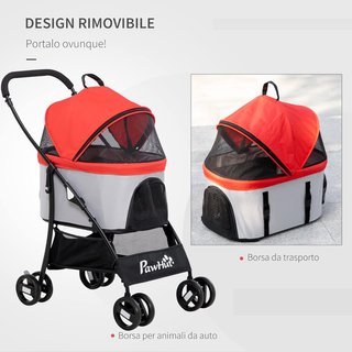 Carrito para Perros 3 en 1 Plegable Convertible en Bolsa de Transporte, Asiento de Auto con 2 Correas, Almohadilla, Carrito para Animales de Acero, Tela Oxford, 82X49.5X98Cm, Rojo Gris