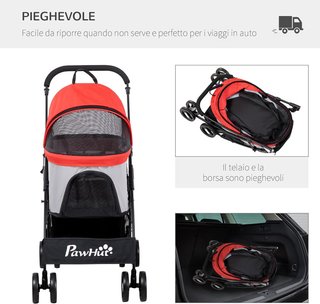 Carrito para Perros 3 en 1 Plegable Convertible en Bolsa de Transporte, Asiento de Auto con 2 Correas, Almohadilla, Carrito para Animales de Acero, Tela Oxford, 82X49.5X98Cm, Rojo Gris