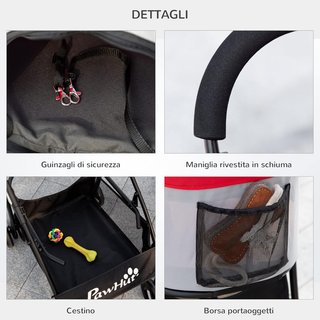 Carrito para Perros 3 en 1 Plegable Convertible en Bolsa de Transporte, Asiento de Auto con 2 Correas, Almohadilla, Carrito para Animales de Acero, Tela Oxford, 82X49.5X98Cm, Rojo Gris