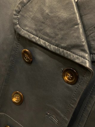 GOOF Slate Blue 70s-Inspired Double Breasted Leather Pea Coat AW 1998