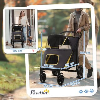 Carrito para Perros de Tamaño Grande y Mediano Plegable de 4 Ruedas con Entradas con Cremallera y Ventanas de Malla, Carrito para Animales de Acero y Tela Oxford, 112X65X100 Cm, Amarillo y Negro