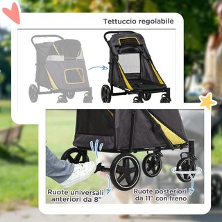 Carrito para Perros de Tamaño Grande y Mediano Plegable de 4 Ruedas con Entradas con Cremallera y Ventanas de Malla, Carrito para Animales de Acero y Tela Oxford, 112X65X100 Cm, Amarillo y Negro