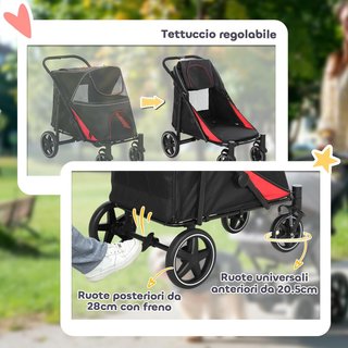 Carrito para Perros de Tamaño Grande y Mediano Plegable con un Clic, 4 Ruedas con Entradas con Cremallera y Ventanas de Malla, Carrito para Animales de Acero y Oxford, 112X65X100 Cm, Negro