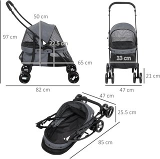 Carrito Plegable para Perros con Capota Ajustable, Bolsa y 2 Correas, Carrito para Animales de Tela Oxford y Acero, 82X47X97 Cm, Gris y Negro