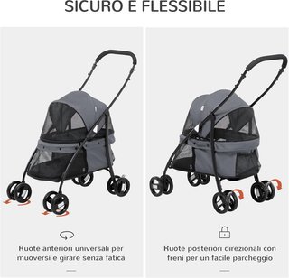 Carrito Plegable para Perros con Capota Ajustable, Bolsa y 2 Correas, Carrito para Animales de Tela Oxford y Acero, 82X47X97 Cm, Gris y Negro