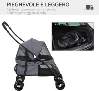 Carrito Plegable para Perros con Capota Ajustable, Bolsa y 2 Correas, Carrito para Animales de Tela Oxford y Acero, 82X47X97 Cm, Gris y Negro
