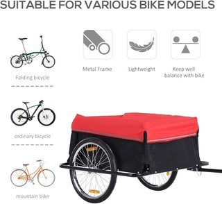 Remolque de Bicicleta de Acero Con Capacidad de 40Kg, Remolque para Bicicleta Con Cubierta de Tela Oxford y Reflectores, 140X88X60 Cm, Rojo y Negro