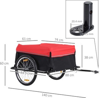Remolque de Bicicleta de Acero Con Capacidad de 40Kg, Remolque para Bicicleta Con Cubierta de Tela Oxford y Reflectores, 140X88X60 Cm, Rojo y Negro