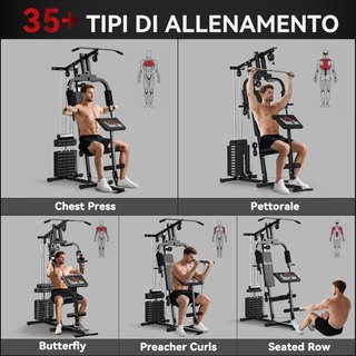 Torre de Potencia con Asiento y Respaldo Acolchados Pesas de 65 Kg, Estación de Fitness con Press de Pecho, Mariposa, Curl de Piernas, Discos y Barra para Dominadas y Fondos, para Gimnasio en Casa...