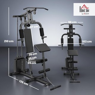Torre de Potencia con Asiento y Respaldo Acolchados Pesas de 65 Kg, Estación de Fitness con Press de Pecho, Mariposa, Curl de Piernas, Discos y Barra para Dominadas y Fondos, para Gimnasio en Casa...