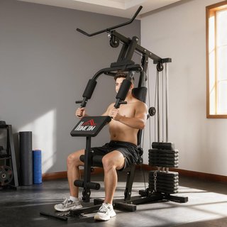 Torre de Potencia con Asiento y Respaldo Acolchados Pesas de 65 Kg, Estación de Fitness con Press de Pecho, Mariposa, Curl de Piernas, Discos y Barra para Dominadas y Fondos, para Gimnasio en Casa...