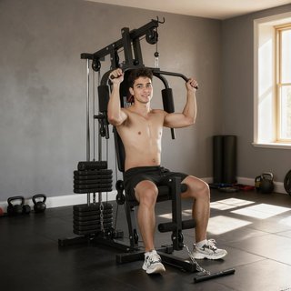 Torre de Potencia con Asiento y Respaldo Acolchados Pesas de 65 Kg, Estación de Fitness con Press de Pecho, Mariposa, Curl de Piernas, Discos y Barra para Dominadas y Fondos, para Gimnasio en Casa...