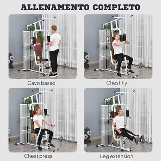 Estación de Fitness Con Pull Down, Press de Pecho, Flexiones, Extensiones de Piernas y Remo, Gimnasio Multifuncional de Acero Con Peso de 45 Kg, para Home Gym Casa, 150X110X210 Cm, Blanco