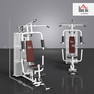 Estación de Fitness Con Pull Down, Press de Pecho, Flexiones, Extensiones de Piernas y Remo, Gimnasio Multifuncional de Acero Con Peso de 45 Kg, para Home Gym Casa, 150X110X210 Cm, Blanco