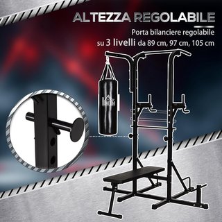 Torre de Potencia con Banco y Saco de Boxeo de 20Kg, Estación Multifuncional de Acero Negro para Entrenamiento Total del Cuerpo