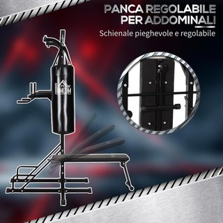 Torre de Potencia con Banco y Saco de Boxeo de 20Kg, Estación Multifuncional de Acero Negro para Entrenamiento Total del Cuerpo