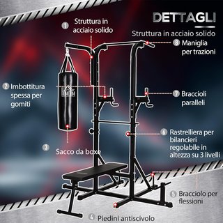 Torre de Potencia con Banco y Saco de Boxeo de 20Kg, Estación Multifuncional de Acero Negro para Entrenamiento Total del Cuerpo