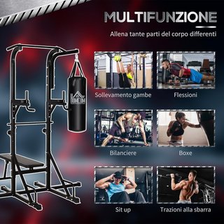 Torre de Potencia con Banco y Saco de Boxeo de 20Kg, Estación Multifuncional de Acero Negro para Entrenamiento Total del Cuerpo