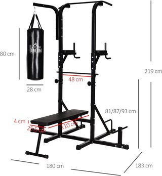 Torre de Potencia con Banco y Saco de Boxeo de 20Kg, Estación Multifuncional de Acero Negro para Entrenamiento Total del Cuerpo
