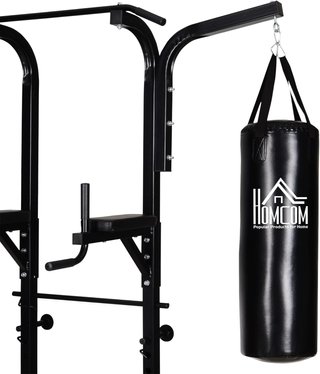 Torre de Potencia con Banco y Saco de Boxeo de 20Kg, Estación Multifuncional de Acero Negro para Entrenamiento Total del Cuerpo