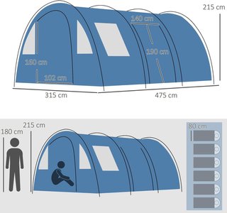 Tienda de Camping para 5-6 Personas Con 2 Puertas, Ventanas y Bolsillos Incluidos, 475X315X215 Cm, Azul