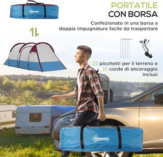 Tienda de Camping en Túnel para 3 Personas con 2 Habitaciones, Tienda Familiar para Senderismo y Pesca con Dormitorio, Sala de Estar, Suelo Cosido, Bolsa de Transporte, 420X200X150 Cm