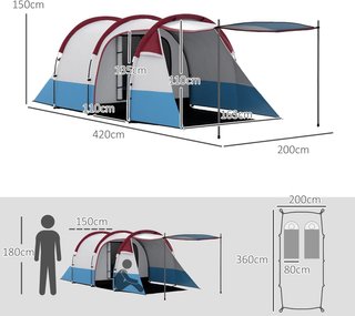 Tienda de Camping en Túnel para 3 Personas con 2 Habitaciones, Tienda Familiar para Senderismo y Pesca con Dormitorio, Sala de Estar, Suelo Cosido, Bolsa de Transporte, 420X200X150 Cm