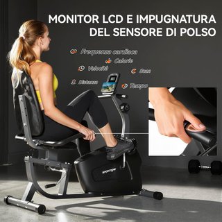 Cyclette orizzontale per casa con 8 livelli di resistenza magnetica, cyclette reclinabile con sedile regolabile, display LCD, sensore di frequenza cardiaca, ruote, per allenamento a casa, nero