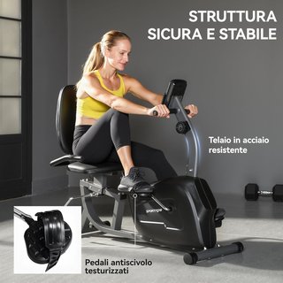 Cyclette orizzontale per casa con 8 livelli di resistenza magnetica, cyclette reclinabile con sedile regolabile, display LCD, sensore di frequenza cardiaca, ruote, per allenamento a casa, nero