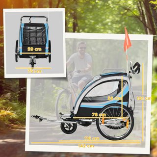 Remolque de Bicicleta para Niños y Cochecito, Diseño 2 en 1 con Freno, Cinturón de 5 Puntos, Carrito Remolque para Bicicleta con Bolsillos Laterales, Reflectores y Bandera