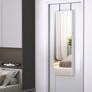 Espejo Joyero Con 6 Luces LED Y Espacios Para Objetos Dedicados, Armario Joyero Con Espejo De Madera Y Vidrio, 37X10X120 Cm, Color Madera Blanca