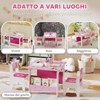 Conjunto de Mesa con 2 Sillas para Niños, Mesa con Estante Librería Integrado, Muebles para Habitaciones y Salones en Madera MDF con Diseños de Corazones, Edad 3-8 Años, Rosa