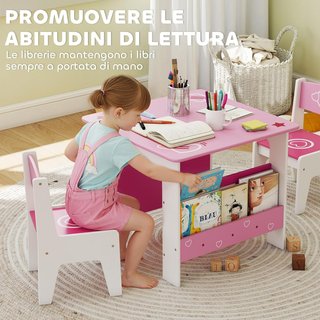 Conjunto de Mesa con 2 Sillas para Niños, Mesa con Estante Librería Integrado, Muebles para Habitaciones y Salones en Madera MDF con Diseños de Corazones, Edad 3-8 Años, Rosa