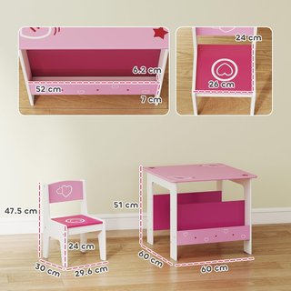 Conjunto de Mesa con 2 Sillas para Niños, Mesa con Estante Librería Integrado, Muebles para Habitaciones y Salones en Madera MDF con Diseños de Corazones, Edad 3-8 Años, Rosa