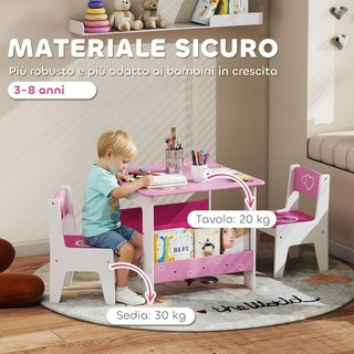 Conjunto de Mesa con 2 Sillas para Niños, Mesa con Estante Librería Integrado, Muebles para Habitaciones y Salones en Madera MDF con Diseños de Corazones, Edad 3-8 Años, Rosa