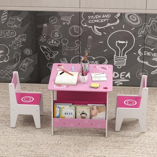 Conjunto de Mesa con 2 Sillas para Niños, Mesa con Estante Librería Integrado, Muebles para Habitaciones y Salones en Madera MDF con Diseños de Corazones, Edad 3-8 Años, Rosa