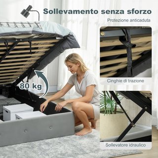 Estructura de Cama Matrimonial 140X190 Cm, Cama Matrimonial con Contenedor, Cabecera Acolchada con Tapicería de Terciopelo, Pistón de Gas, Base de Listones de Madera, Silenciosa, Montaje Fácil, Gris