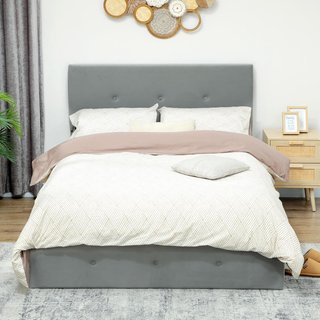 Estructura de Cama Matrimonial 140X190 Cm, Cama Matrimonial con Contenedor, Cabecera Acolchada con Tapicería de Terciopelo, Pistón de Gas, Base de Listones de Madera, Silenciosa, Montaje Fácil, Gris