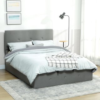 Estructura de Cama Matrimonial 140X190 Cm, Cama Matrimonial con Contenedor, Cabecera Acolchada con Tapicería de Terciopelo, Pistón de Gas, Base de Listones de Madera, Silenciosa, Montaje Fácil, Gris