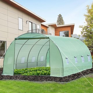 Invernadero para Plantas en Túnel, Invernadero para Huerto Exterior con Puerta Enrollable y 8 Ventanas, 6X3X2 M, de Acero y PE, Verde