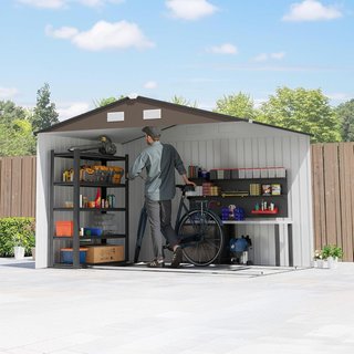 Caseta de Jardín 5M² de Acero Galvanizado con Kit de Fundación, Salidas de Aire, Cobertizo de Jardín con Techo Inclinado, Doble Puerta Corredera Bloqueable, Cobertizo para Herramientas, Marrón