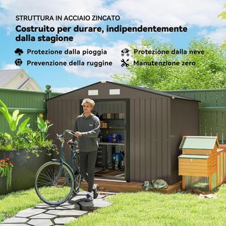 Caseta De Jardín 5M² De Acero Galvanizado Con Kit De Fundación, Salidas De Aire, Cobertizo De Jardín Con Techo Inclinado, Doble Puerta Corredera Bloqueable, Cobertizo Para Herramientas, Marrón
