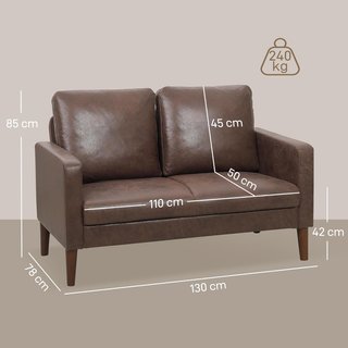 Sofá de 2 Plazas Tapizado en Tejido Efecto Piel Transpirable con Cojines y Patas de Madera de Caucho, Sofá Compacto con Brazos para Salón, 130X78X85 Cm, Marrón Oscuro