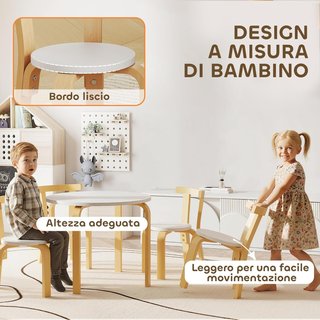 Mesa Con Sillas Niños 3-8 Años 5 Pz Con Bordes Redondeados Y Superficies Coloridas, Mesa para Niños de Madera Blanca Con 4 Sillas